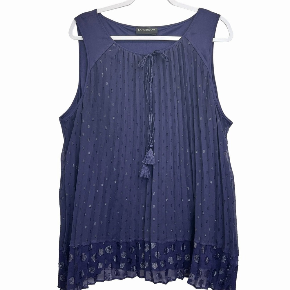 Lane Bryant Pleated Tank Top Navy Blue Metallic Dot Tassel Tie Blouse Size 24 - Picture 10 of 11